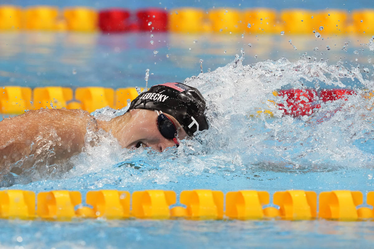 Katie Ledecky, of the United States, swims successful  the last  of the women's 400-meters freestyle astatine  ...