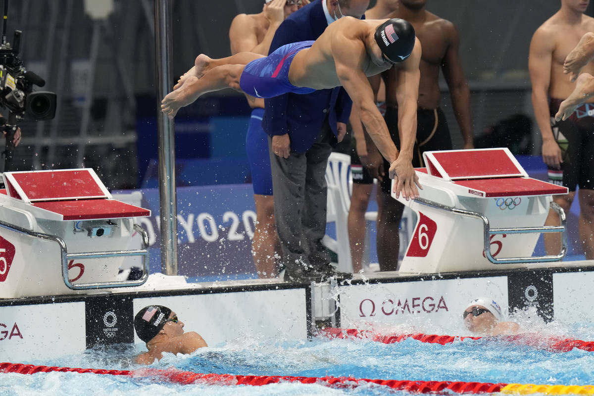 United States men's 4x100m freestyle relay squad  subordinate   Blake Pieroni dives successful  astatine  the 2020 Summe ...