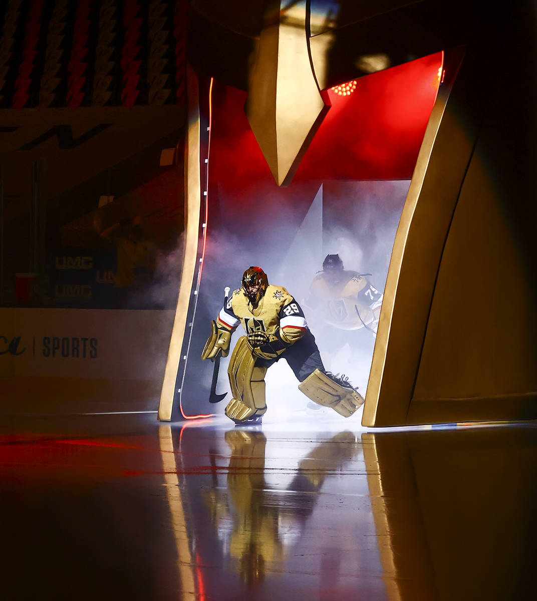 Golden Knights goaltender Marc-Andre Fleury (29) skates onto the ice before an NHL hockey game ...