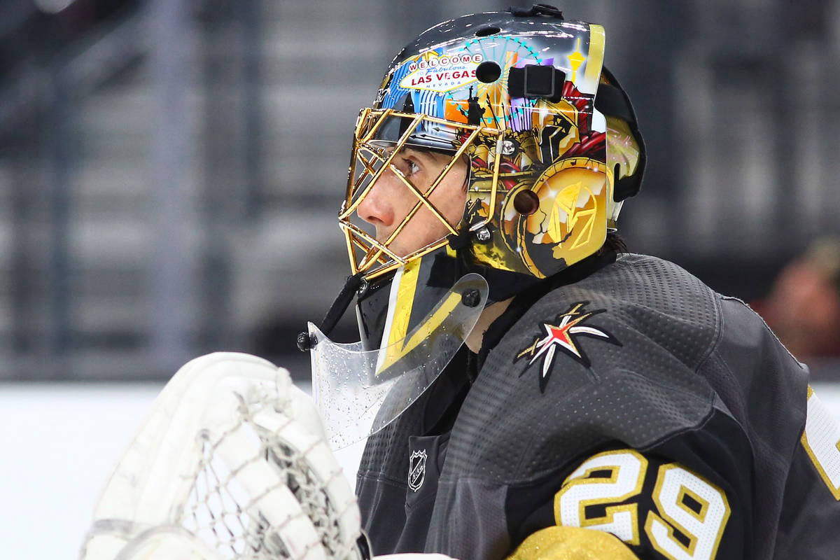 Golden Knights goaltender Marc-Andre Fleury (29) looks on during the second period of an NHL ho ...