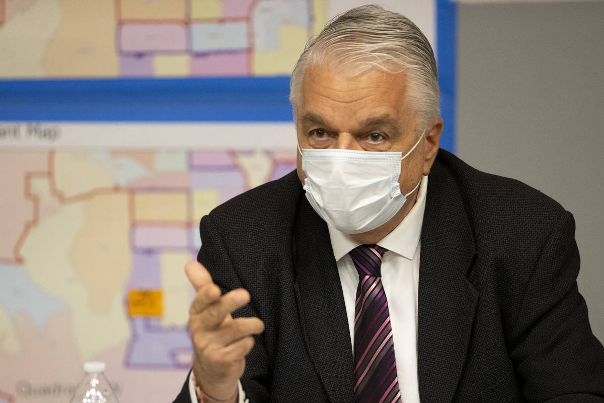 Nevada Gov. Steve Sisolak speaks during a briefing on the COVID-19 surge and response with publ ...