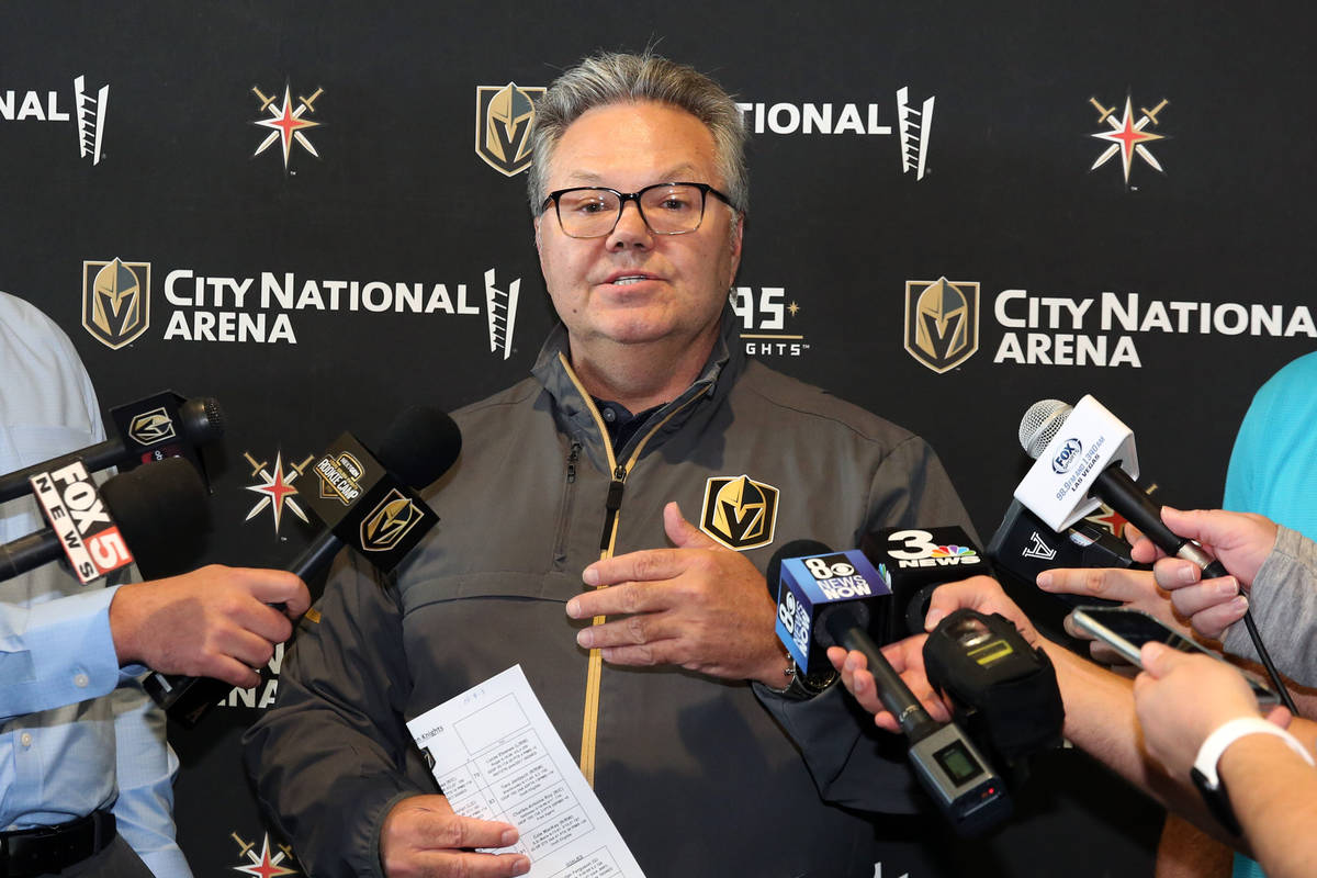 Kelly McCrimmon, Golden Knights general manager, speaks to the media at City National Arena on ...