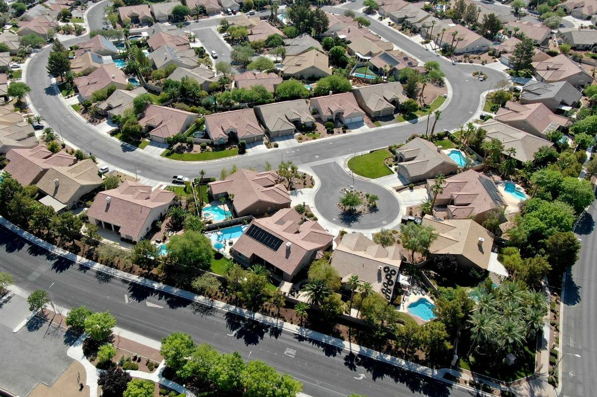 An aerial view of housing near Paseo Verde Parkway and Desert Shadow Trail in Henderson, Nevada ...