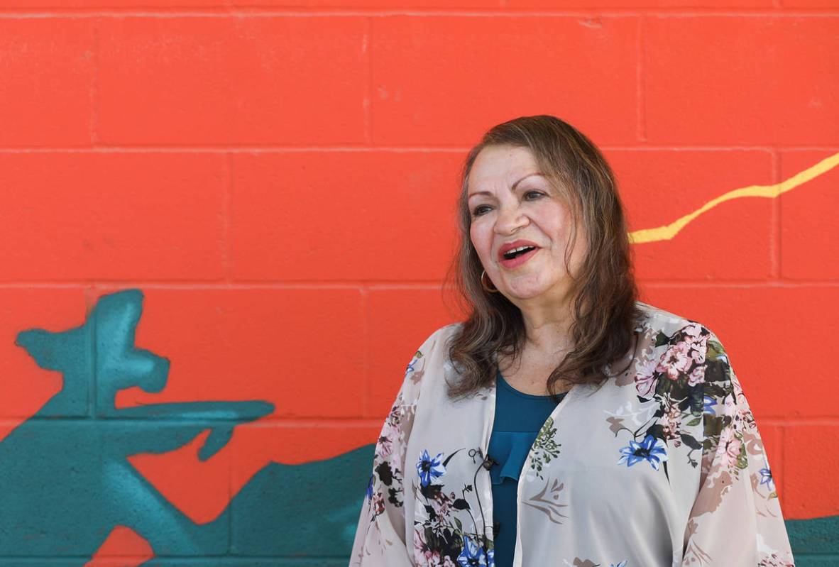 Linda Cavazos, president of the Clark County School Board of Trustees, speaks to media at a bac ...