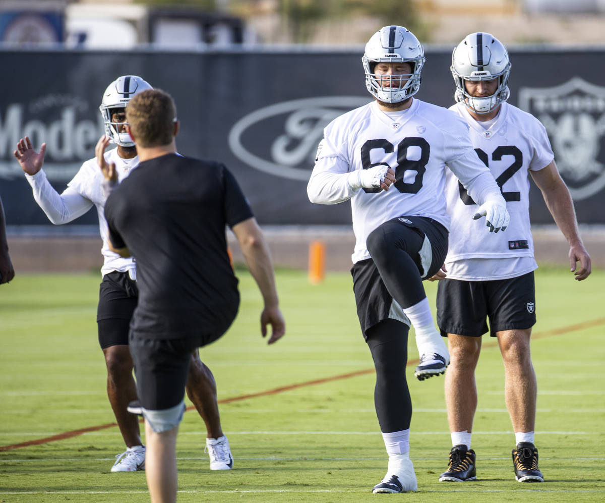 Raiders center Andre James (68) warms up during the Raiders training camp at the Intermountain ...