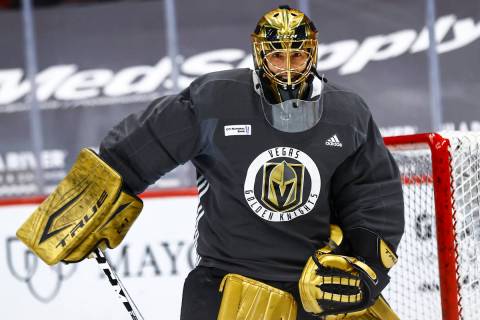 Golden Knights goaltender Marc-Andre Fleury participates in an optional morning skate at Gila R ...