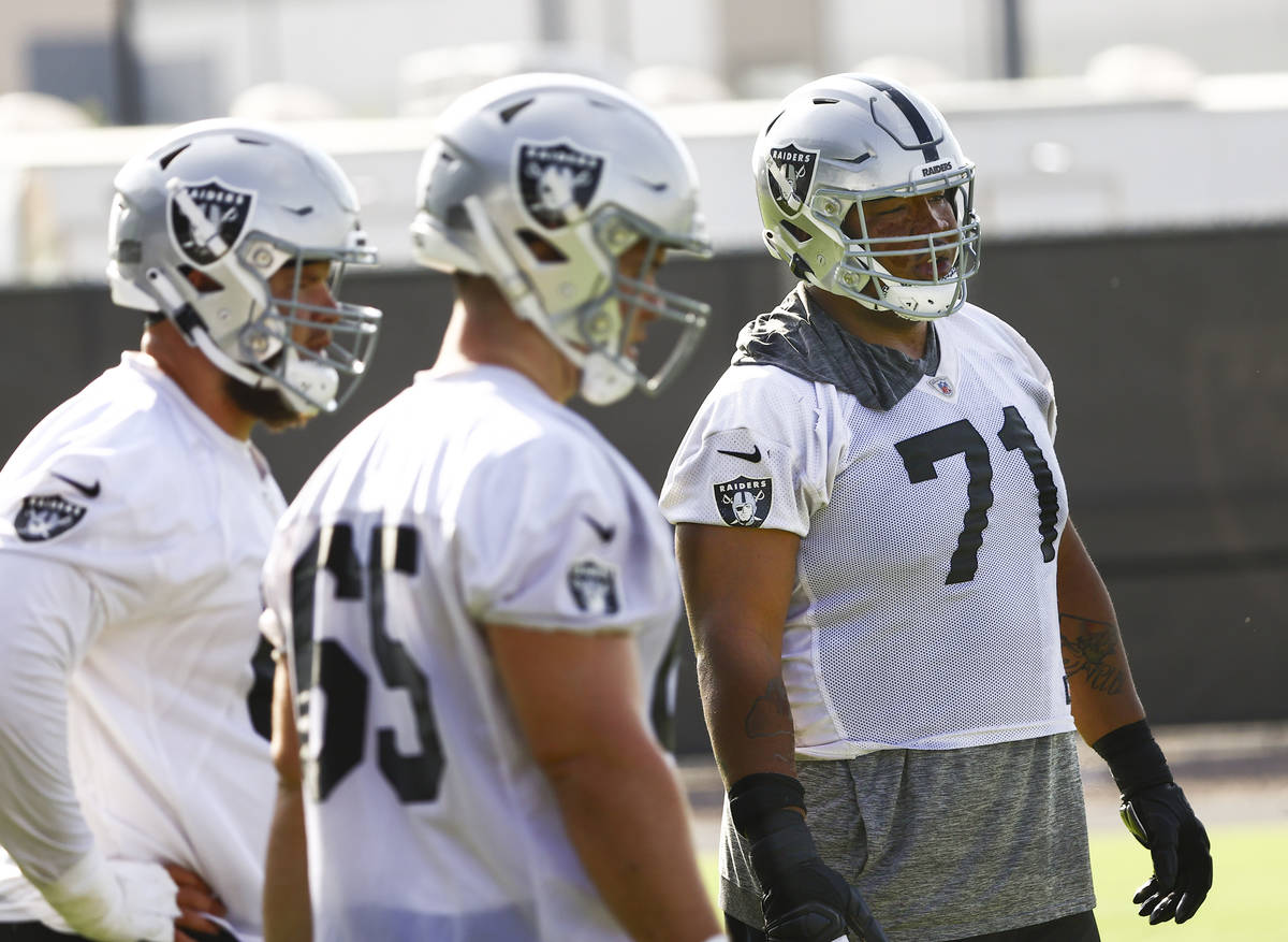 Raiders offensive guard Denzelle Good (71) participates during training camp at Raiders Headqua ...