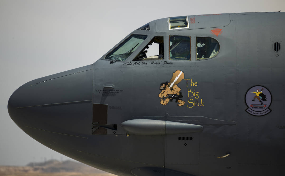 A B-52 Bomber nicknamed ÒThe Big StickÓ rolls back into its spot on the flight line a ...