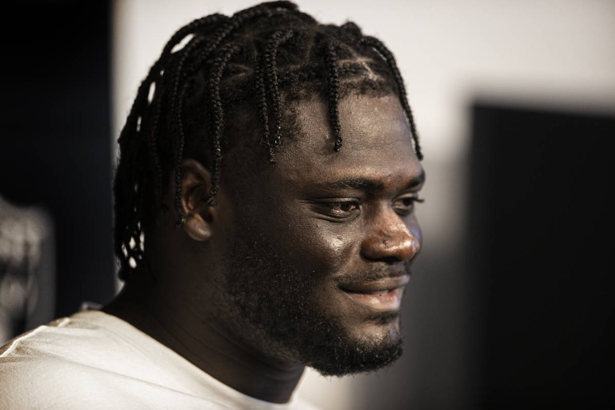 Raiders offensive tackle Alex Leatherwood addresses the media at the conclusion of training cam ...
