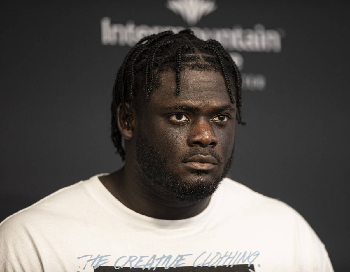 Raiders offensive tackle Alex Leatherwood addresses the media at the conclusion of training cam ...