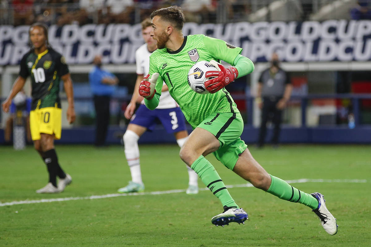 United States goalkeeper Matt Turner (1) looks for an open teammate during a CONCACAF Gold Cup ...