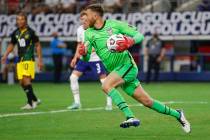 United States goalkeeper Matt Turner (1) looks for an open teammate during a CONCACAF Gold Cup ...