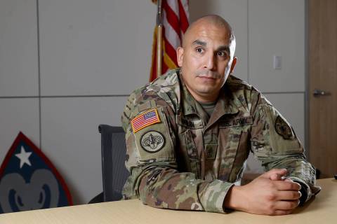 1st Sgt. Larry Harlan talks at the National Guard Speedway Readiness Center in North Las Vegas ...