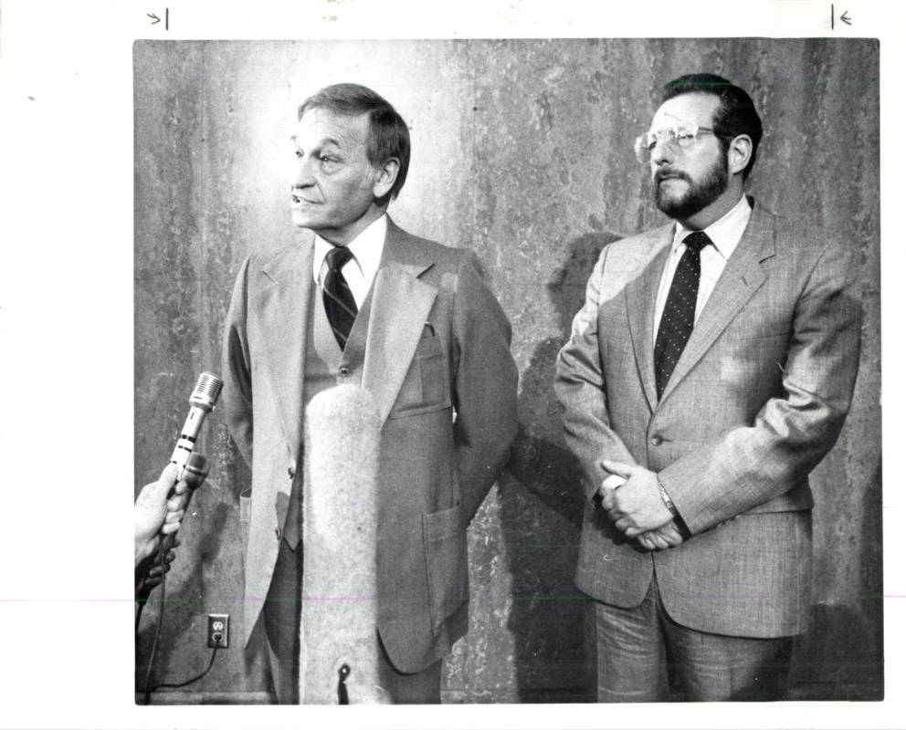 U.S. District Judge Harry Claiborne with his attorney Oscar Goodman, right, in 1984. (Jim Lauri ...