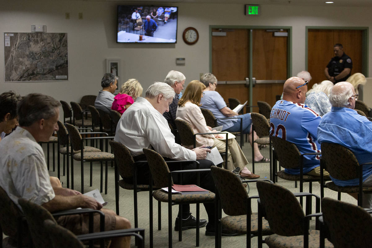 People attend a City Council meeting at Mesquite City Hall on June 8, 2021. (Ellen Schmidt/Las ...