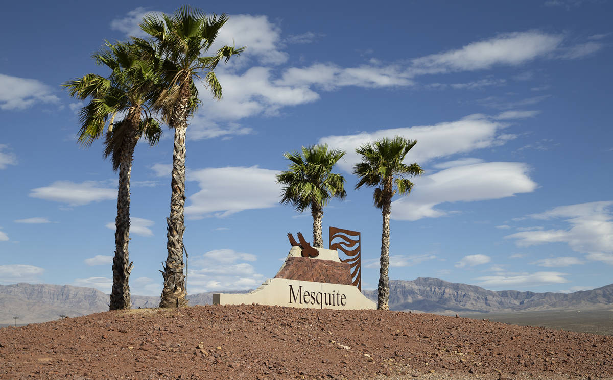 A roundabout features a Mesquite city sign on June 2, 2021. The desert town located about 80 mi ...