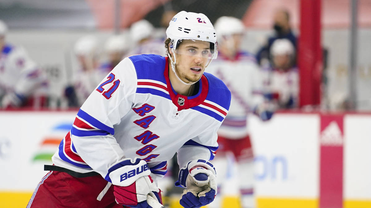 New York Rangers' Brett Howden plays during an NHL hockey game against the Philadelphia Flyers, ...