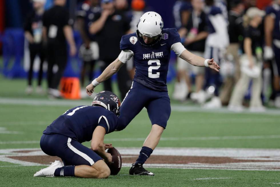 West kicker Dominik Eberle, of Utah State, (2) during the first half of the East West Shrine fo ...