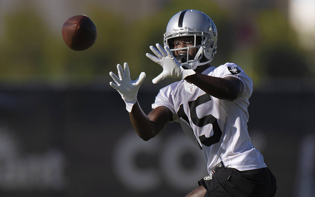 Raiders wide receiver John Brown (15) makes a catch during training camp on Monday, Aug. 2, 202 ...