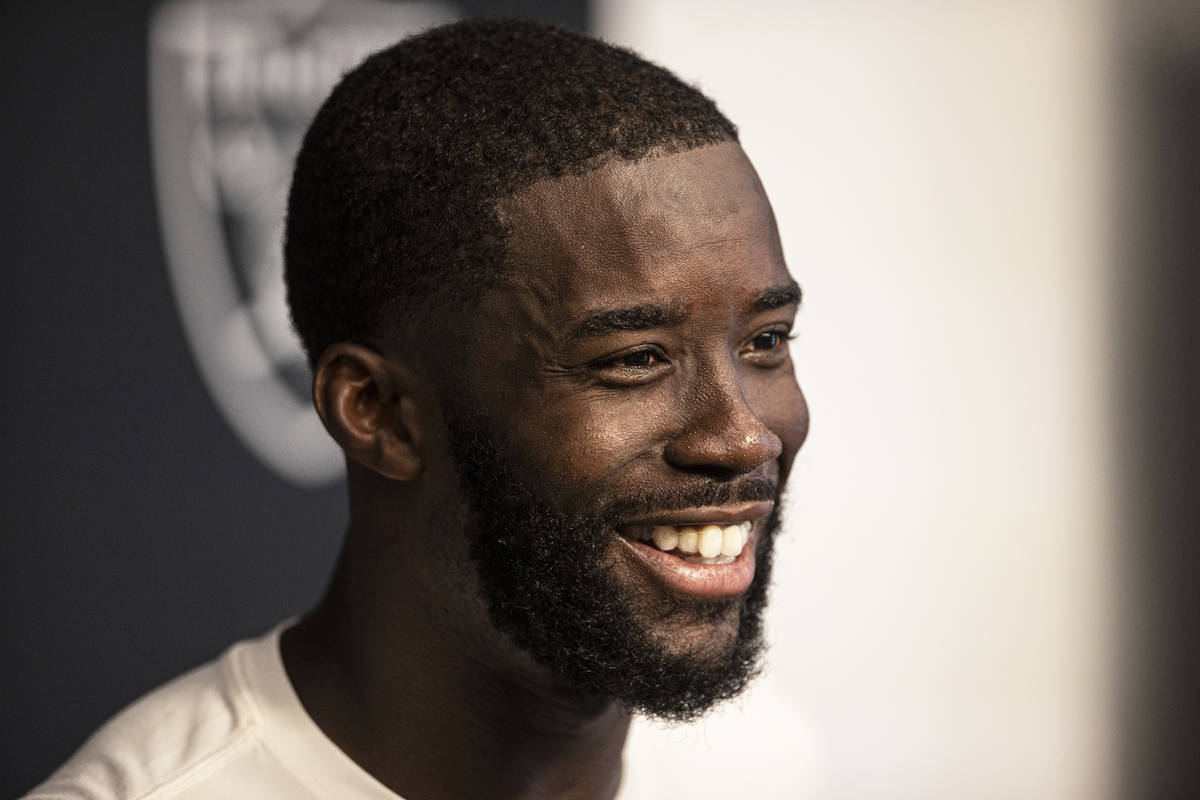Raiders wide receiver John Brown (15) speaks to the media after training camp on Monday, Aug. 2 ...