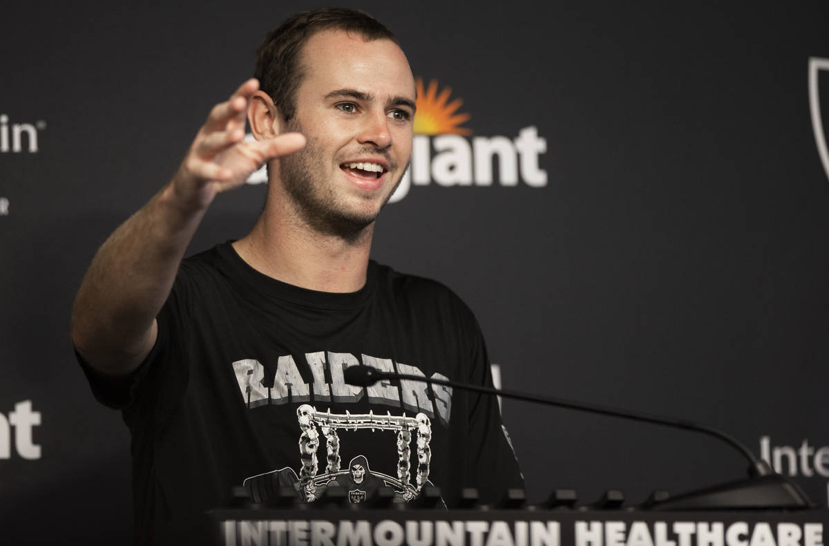 Raiders wide receiver Hunter Renfrow (13) speaks to the media after training camp on Monday, Au ...