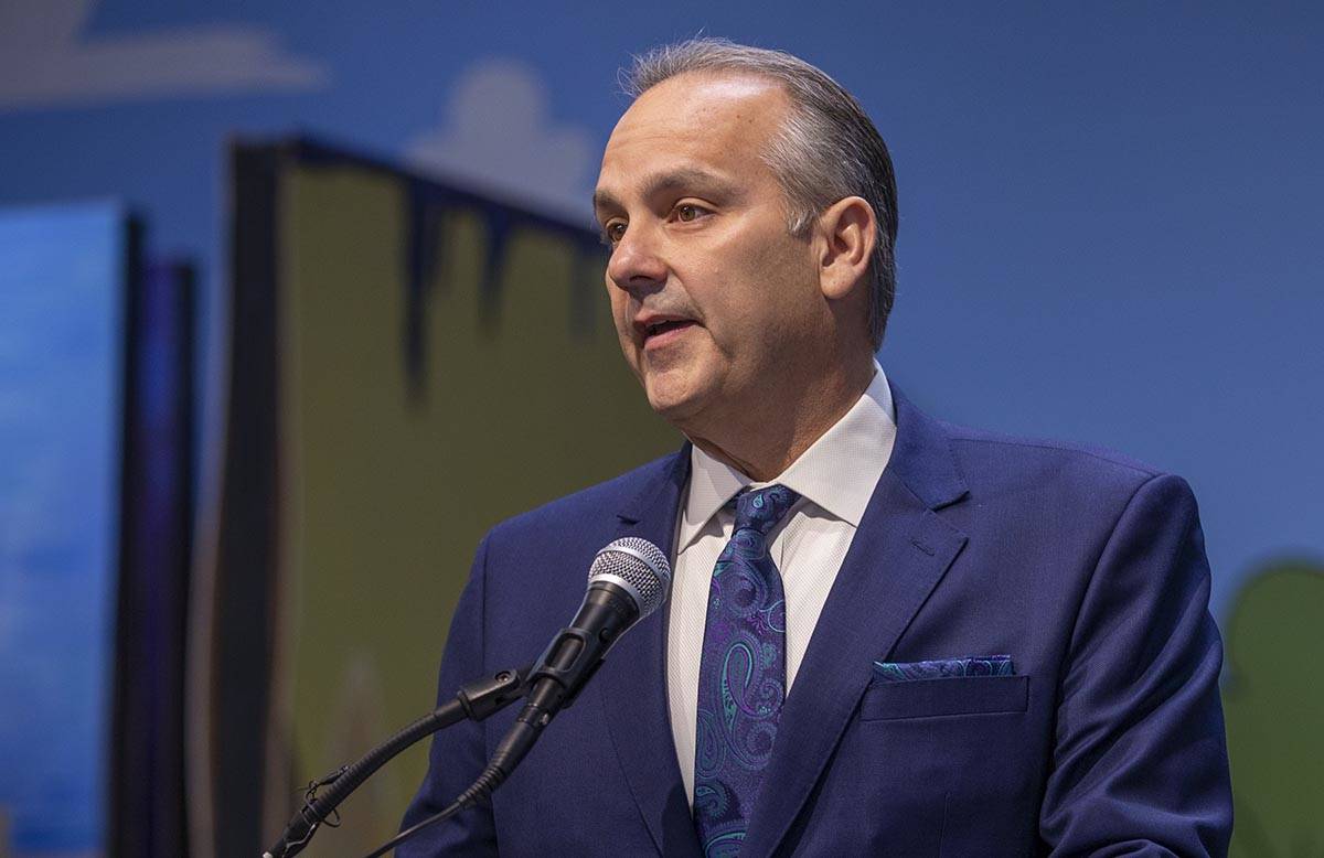 Clark County School District Superintendent Dr. Jesus Jara speaks at Fay Herron Elementary Scho ...