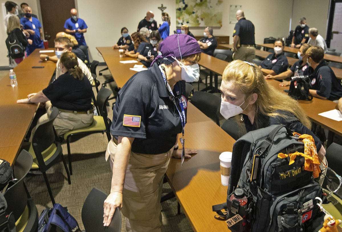 Hindy Bogner Orenstein, a nurse from Maryland chats with Bren Ingle, a nurse from Chattanooga, ...