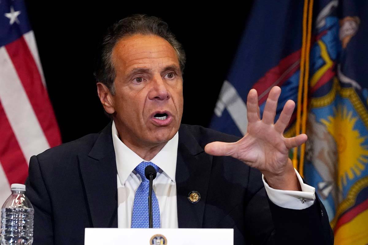 New York Gov. Andrew Cuomo speaks during a news conference at New York's Yankee Stadium, Monday ...