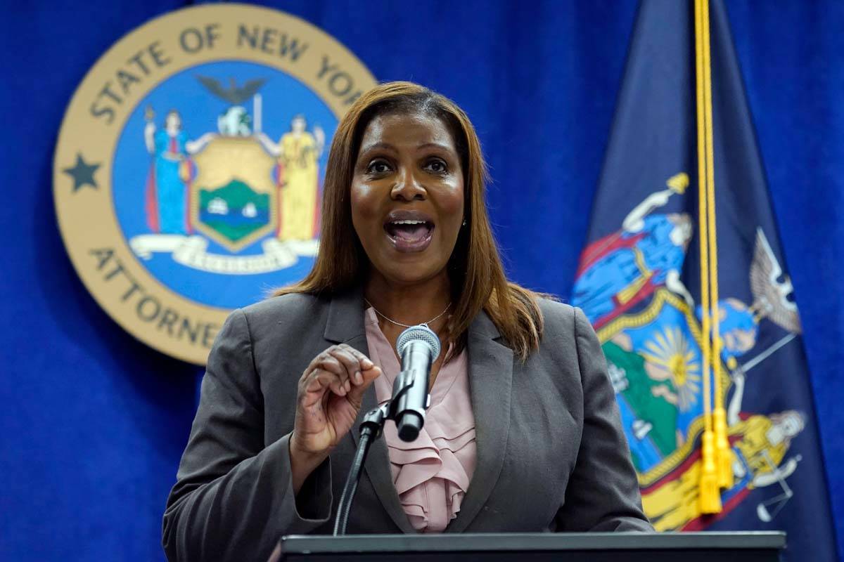 New York Attorney General Letitia James addresses a news conference at her office, in New York, ...