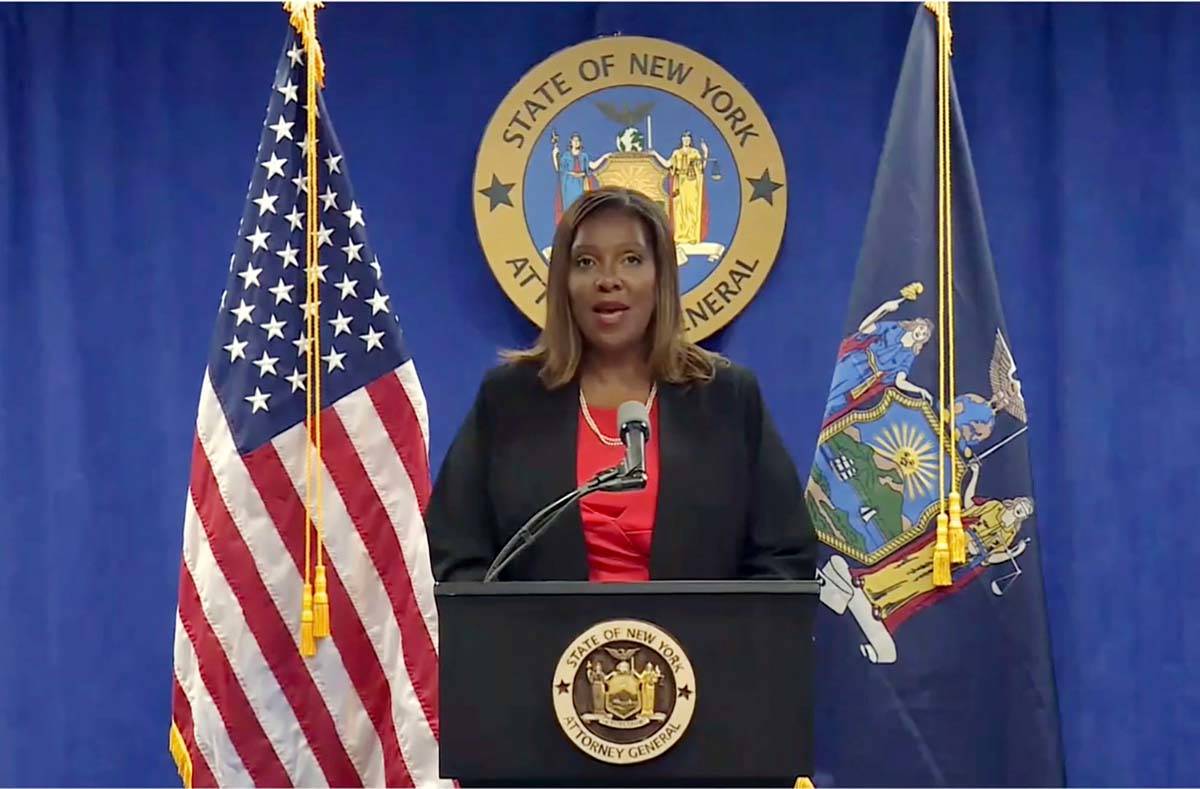 In this still image from video, New York State Attorney General Letitia James addresses a news ...