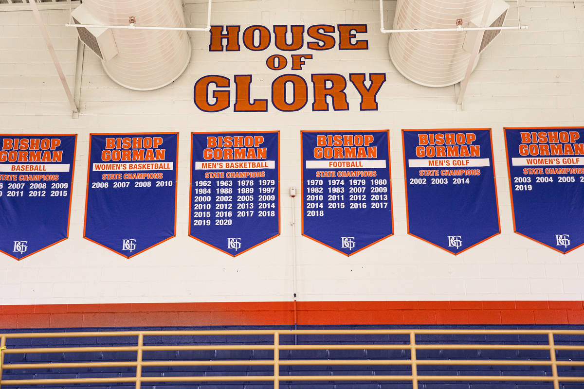 Championship banners hang from the gym rafters at Bishop Gorman High School on Monday, Aug. 9, ...