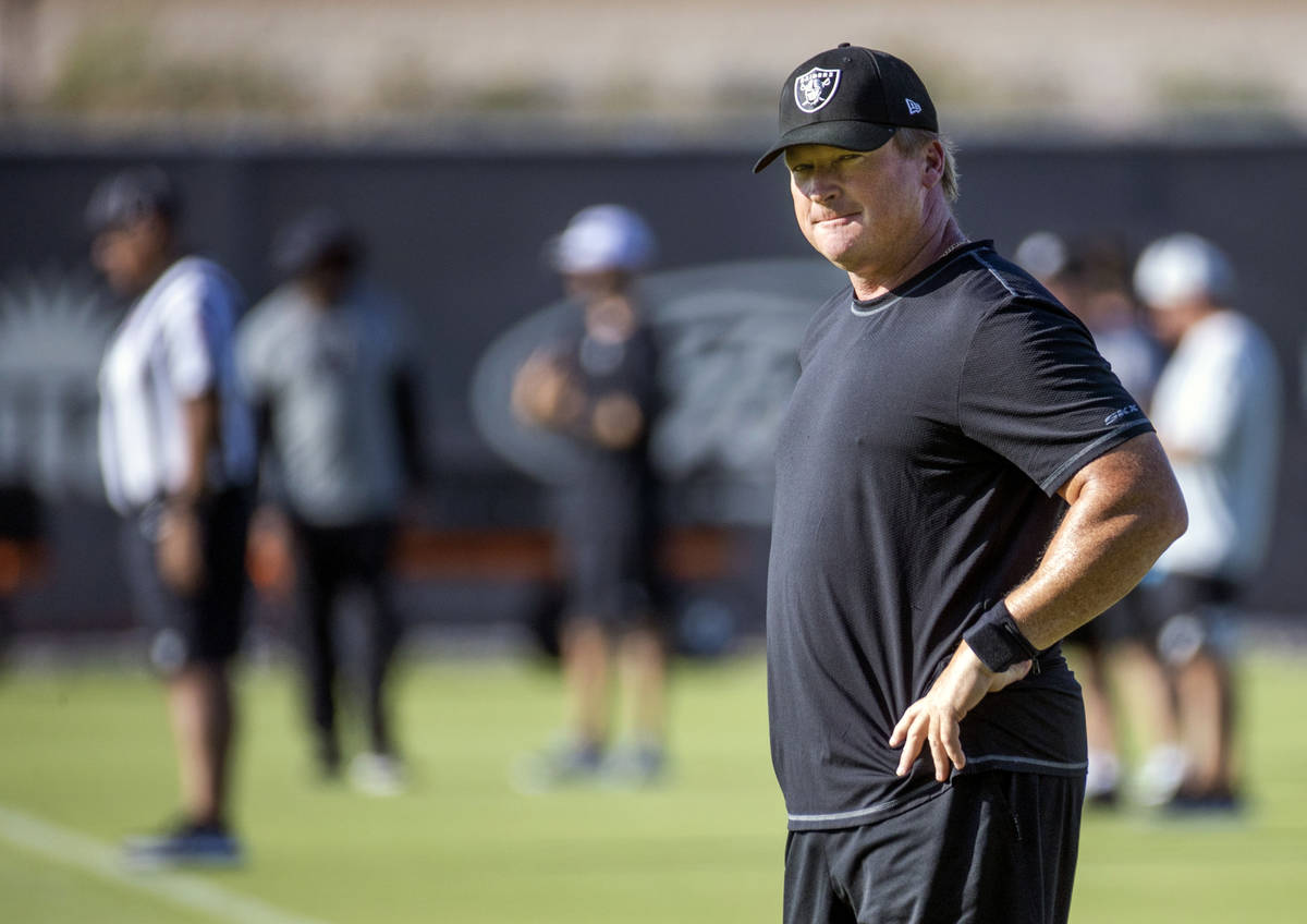 Raiders Head Coach Jon Gruden looks his players during practice at the Intermountain Healthcare ...