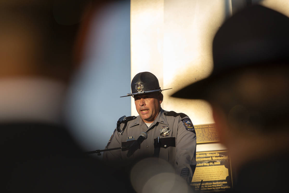 Nevada Highway Patrol Major Martin Mleczko speaks during a vigil for fallen trooper Micah May a ...