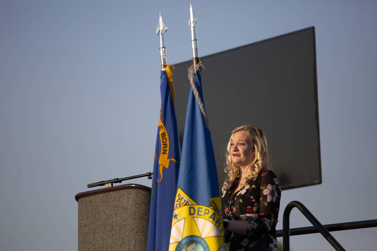 Joanna May speaks during a vigil for her husband, Nevada Highway Patrol trooper Micah May, at P ...
