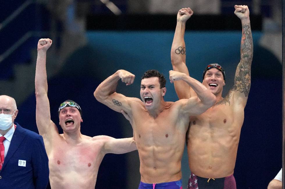 United States men's 4x100m freestyle relay team of Bowe Becker, Blake Pieroni and Caeleb Dresse ...