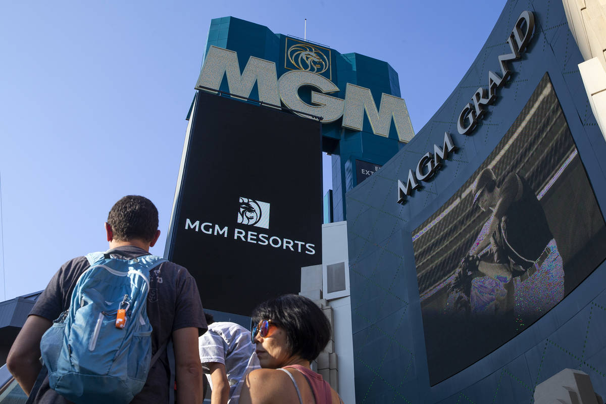 Visitors to the Las Vegas Strip pass MGM Grand on Wednesday, Aug. 4, 2021. Caesars Entertainmen ...