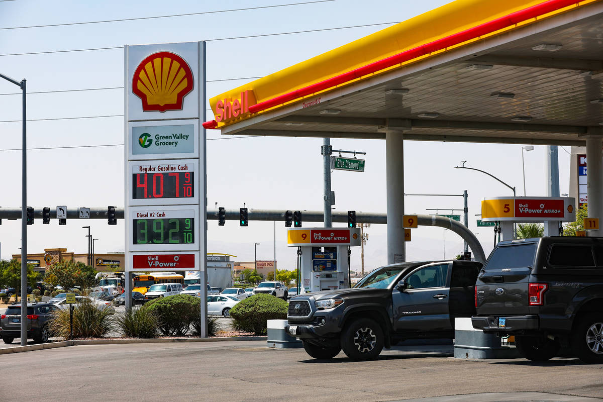 Gas prices on display at the Shell station on Blue Diamond in Las Vegas, Wednesday, Aug. 4, 202 ...