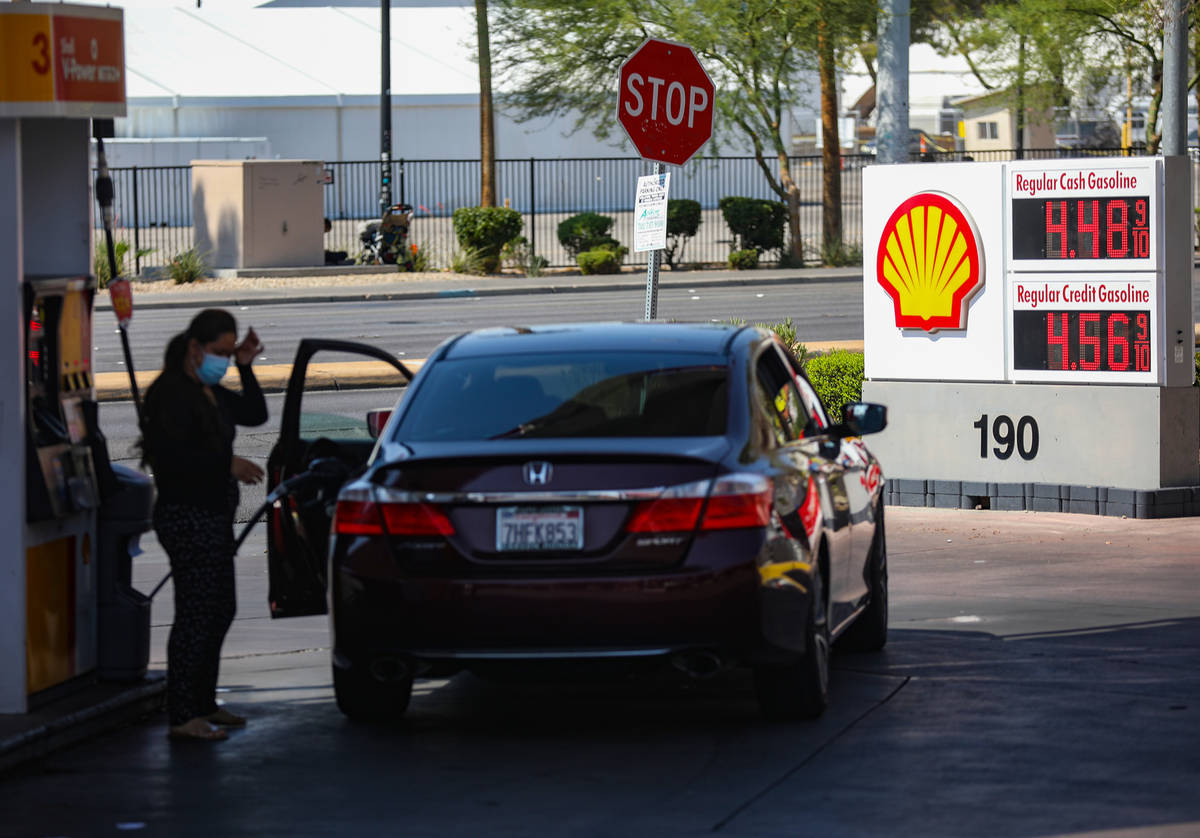 Gas prices on display at the Shell station Koval Lane and Flamingo Road in Las Vegas, Wednesday ...
