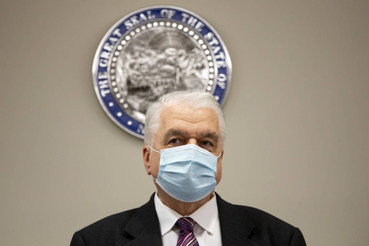 Gov. Steve Sisolak updates the public on COVID-19 in Nevada during a press conference at the Gr ...