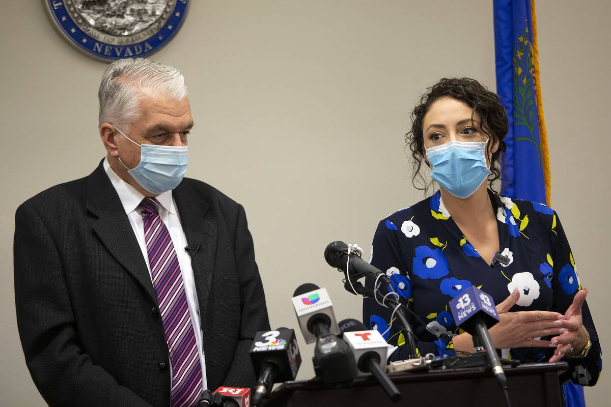 Gov. Steve Sisolak updates the public on COVID-19 in Nevada during a press conference at the Gr ...