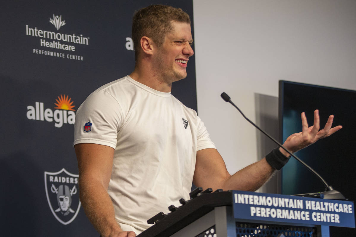 Raiders defensive end Carl Nassib reacts to a questions asked during a news conference followin ...
