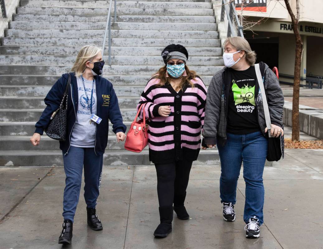 In this Jan. 26, 2021, file photo, Coral Academy of Science teachers, Janet Roth, left, Dana Wi ...