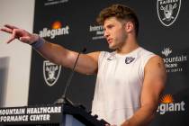 Raiders tight end Foster Moreau answers a question from the media at a news conference followin ...