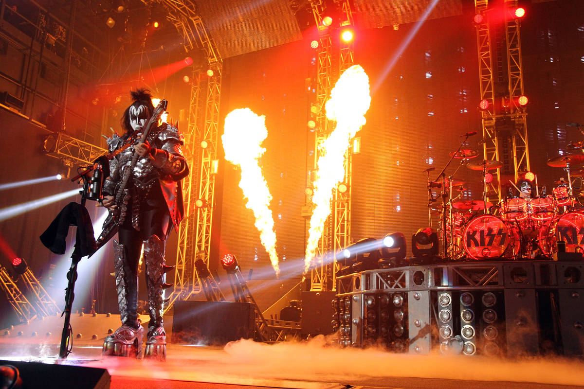 Gene Simmons, left, and Eric Singer of Kiss, perform at The Joint at the Hard Rock hotel-casino ...