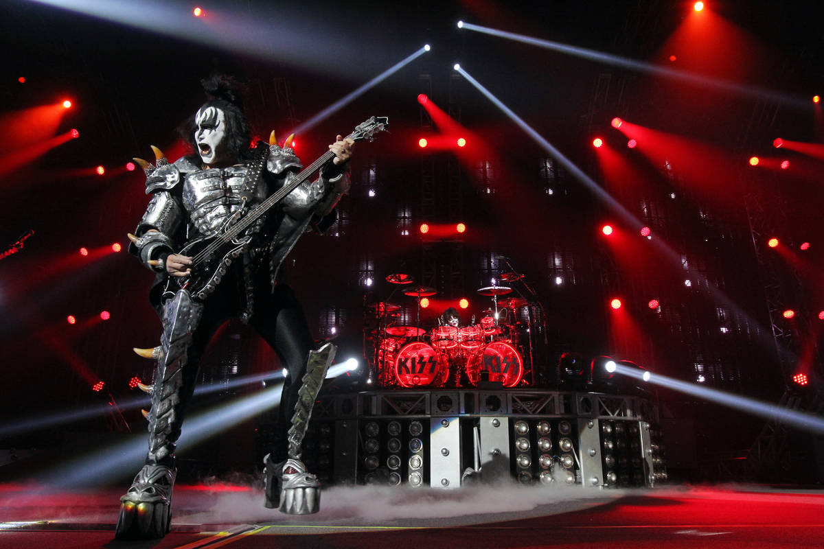 Gene Simmons, left, and Eric Singer of Kiss, perform at The Joint at the Hard Rock hotel-casino ...