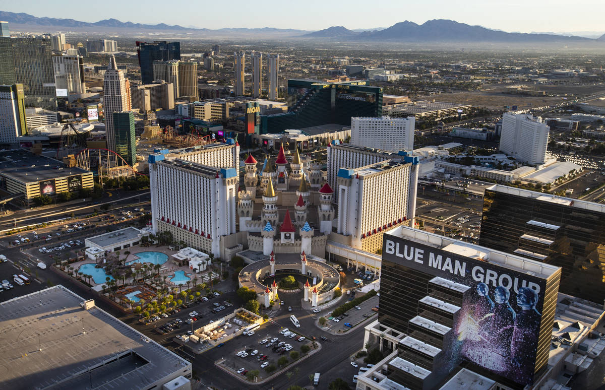 The Excalibur with New York-New York, MGM Grand and Tropicana during an aerial photo taken on W ...