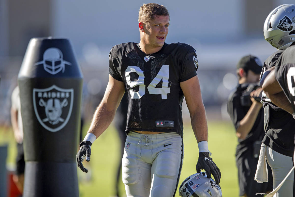 Raiders defensive end Carl Nassib (94) looks on during their NFL training camp practice on Frid ...