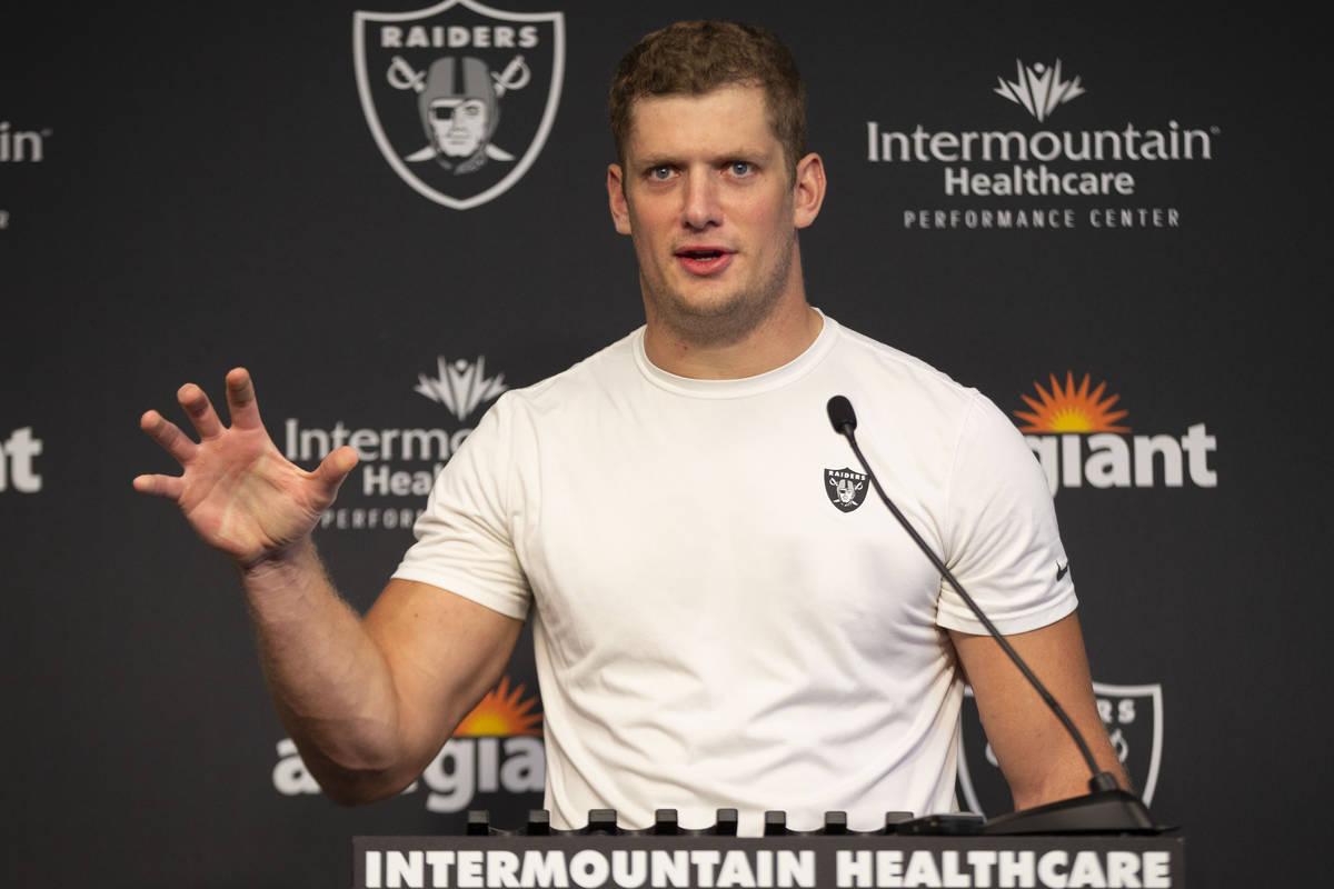Raiders defensive end Carl Nassib answers a question during a news conference following their N ...