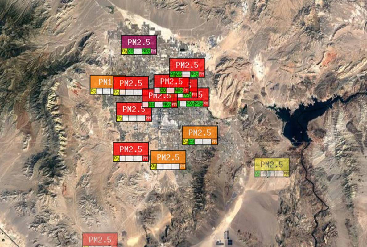 The Clark County air quality monitoring map as of 2:30 p.m. Saturday, Aug. 7, 2021, shows poor ...