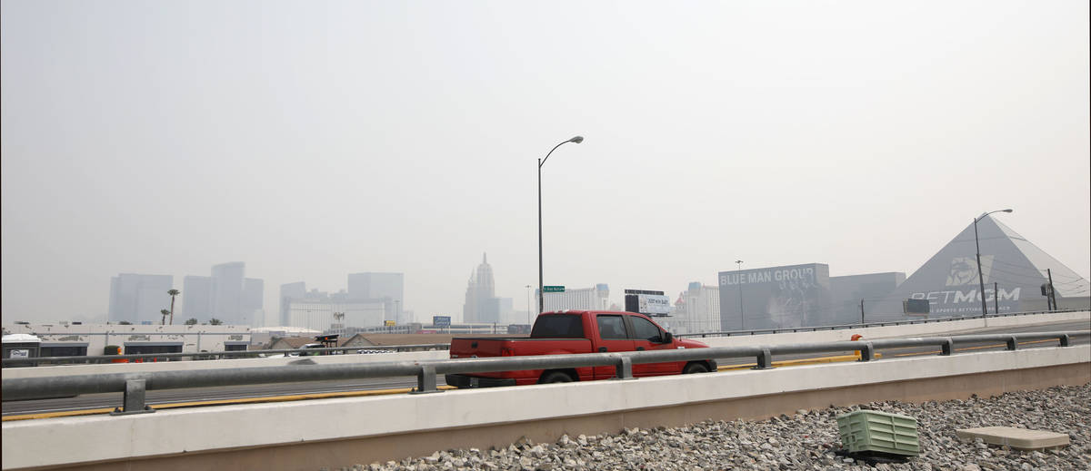 The Strip is seen through a haze of smoke in Las Vegas, Saturday, Aug. 7, 2021. The Clark Count ...